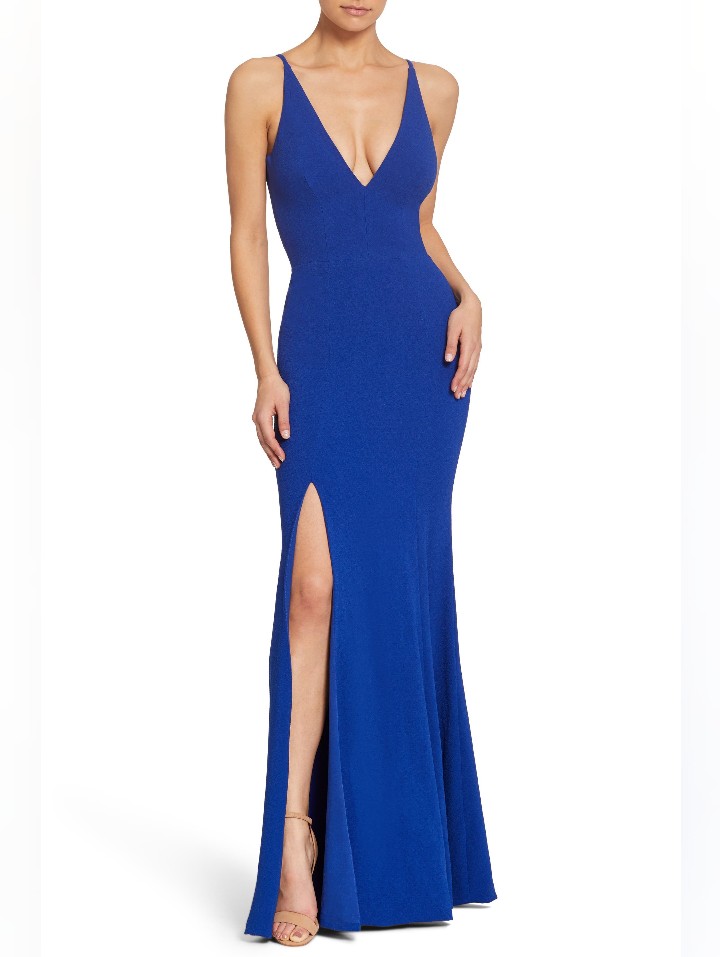 Dress The Population Cobalt Blue Iris Slit Crepe Gown
